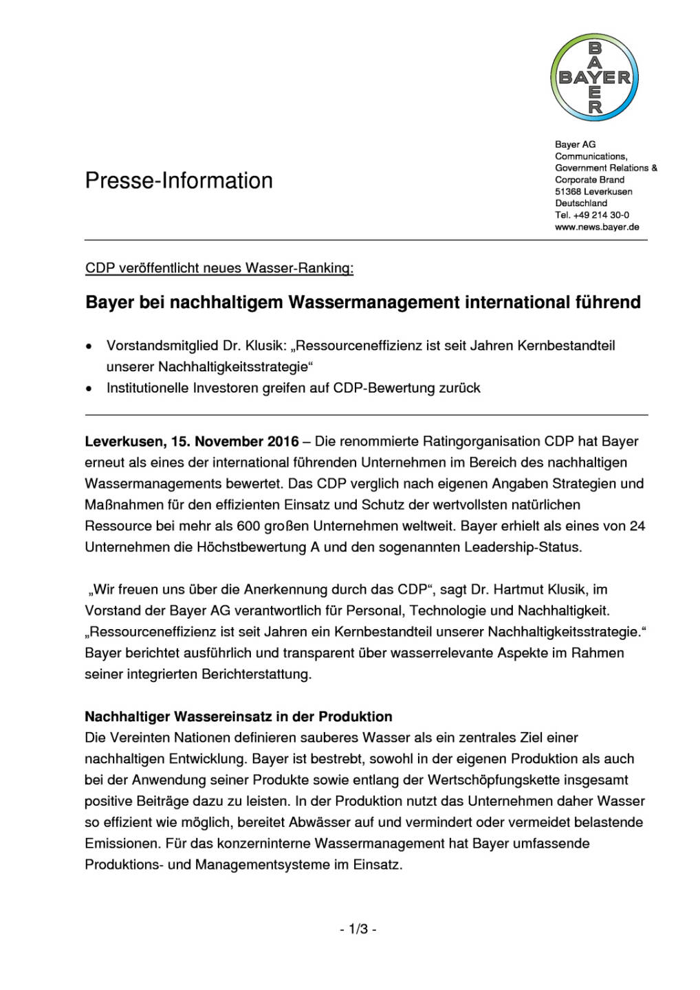 Bayer bei nachhaltigem Wassermanagement international führend , Seite 1/3, komplettes Dokument unter http://boerse-social.com/static/uploads/file_1979_bayer_bei_nachhaltigem_wassermanagement_international_fuehrend.pdf