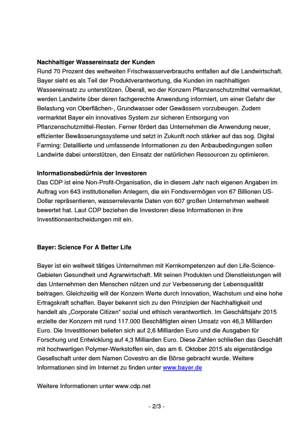 Bayer bei nachhaltigem Wassermanagement international führend , Seite 2/3, komplettes Dokument unter http://boerse-social.com/static/uploads/file_1979_bayer_bei_nachhaltigem_wassermanagement_international_fuehrend.pdf