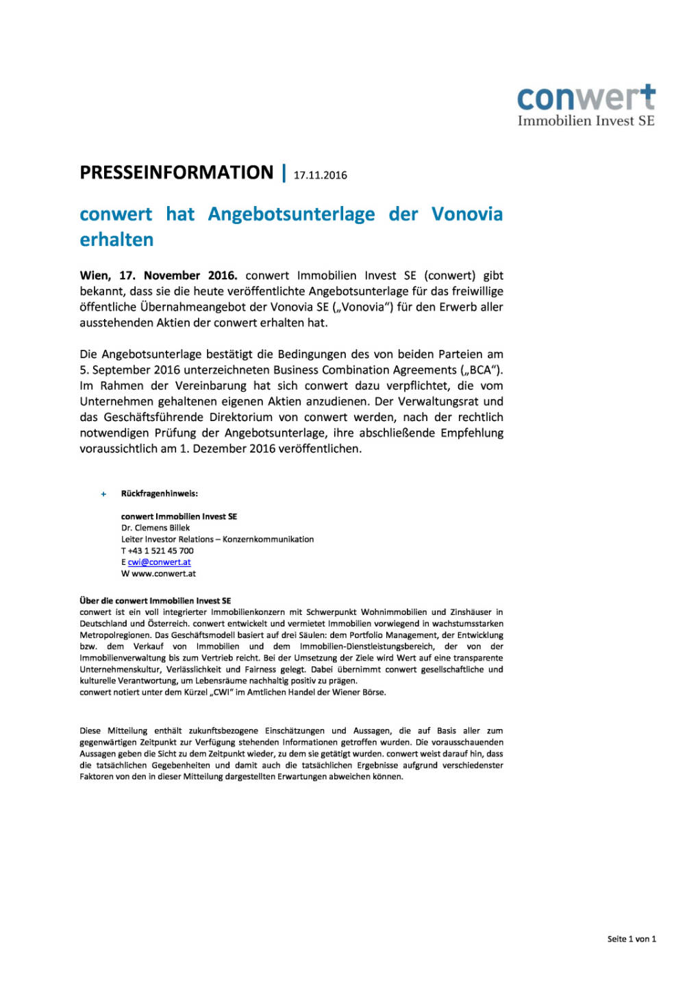 conwert hat Angebotsunterlage der Vonovia erhalten, Seite 1/1, komplettes Dokument unter http://boerse-social.com/static/uploads/file_1982_conwert_hat_angebotsunterlage_der_vonovia_erhalten.pdf