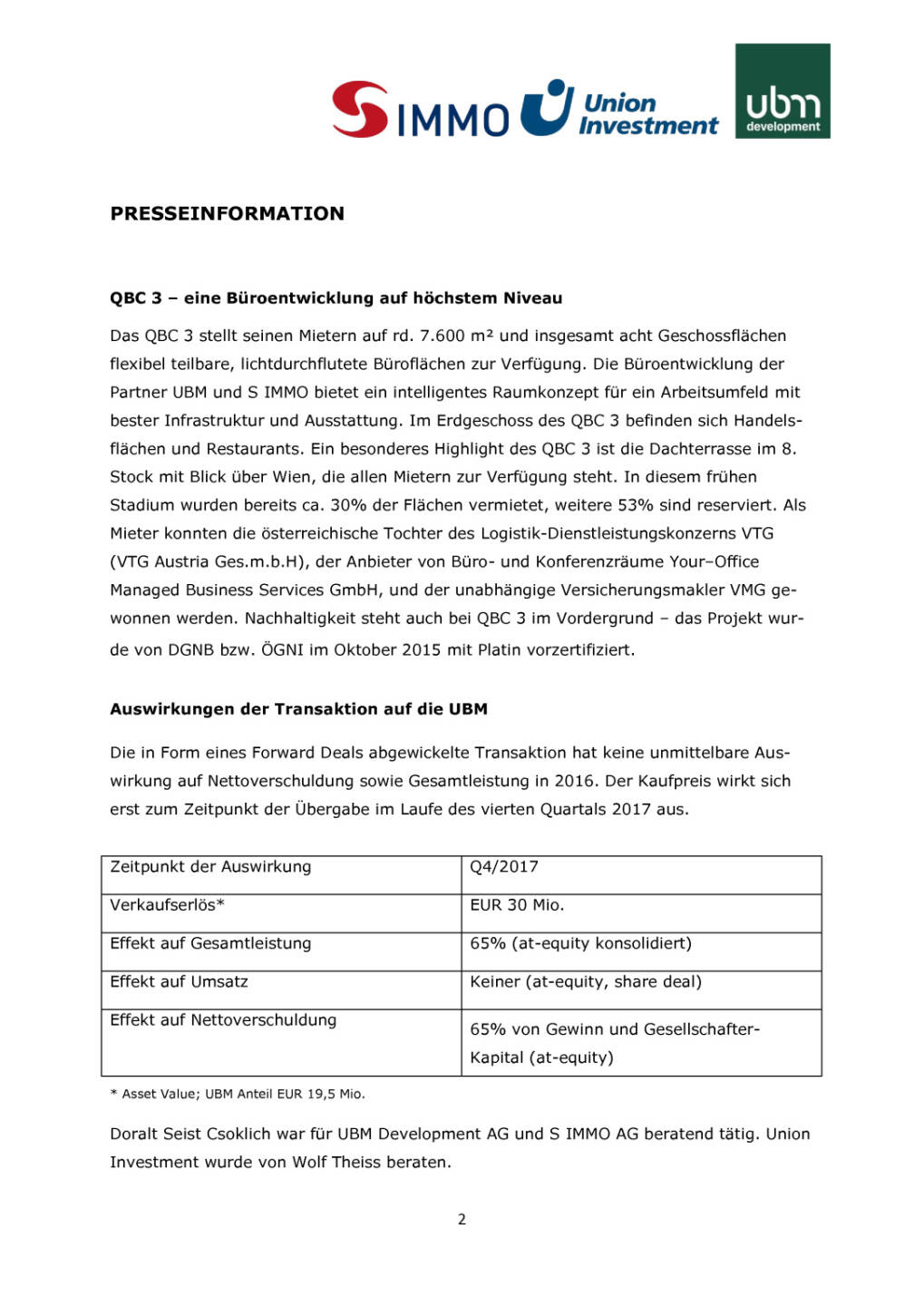 UBM/S Immo: Büroprojekt QBC 3 für rund EUR 30 Mio. an Union Investment in einem Forward Deal verkauft, Seite 2/4, komplettes Dokument unter http://boerse-social.com/static/uploads/file_1985_ubms_immo_bueroprojekt_qbc_3_fur_rund_eur_30_mio_an_union_investment_in_einem_forward_deal_verkauft.pdf