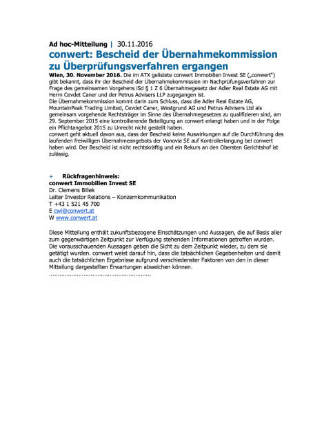 conwert: Bescheid der Übernahmekommission , Seite 1/1, komplettes Dokument unter http://boerse-social.com/static/uploads/file_2001_conwert_bescheid_der_ubernahmekommission.pdf (30.11.2016) 