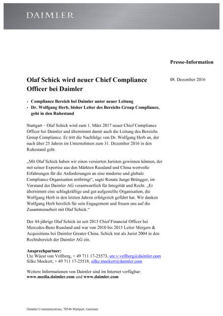 Olaf Schick wird neuer Chief Compliance Officer bei Daimler, Seite 1/2, komplettes Dokument unter http://boerse-social.com/static/uploads/file_2010_olaf_schick_wird_neuer_chief_compliance_officer_bei_daimler.pdf (08.12.2016) 