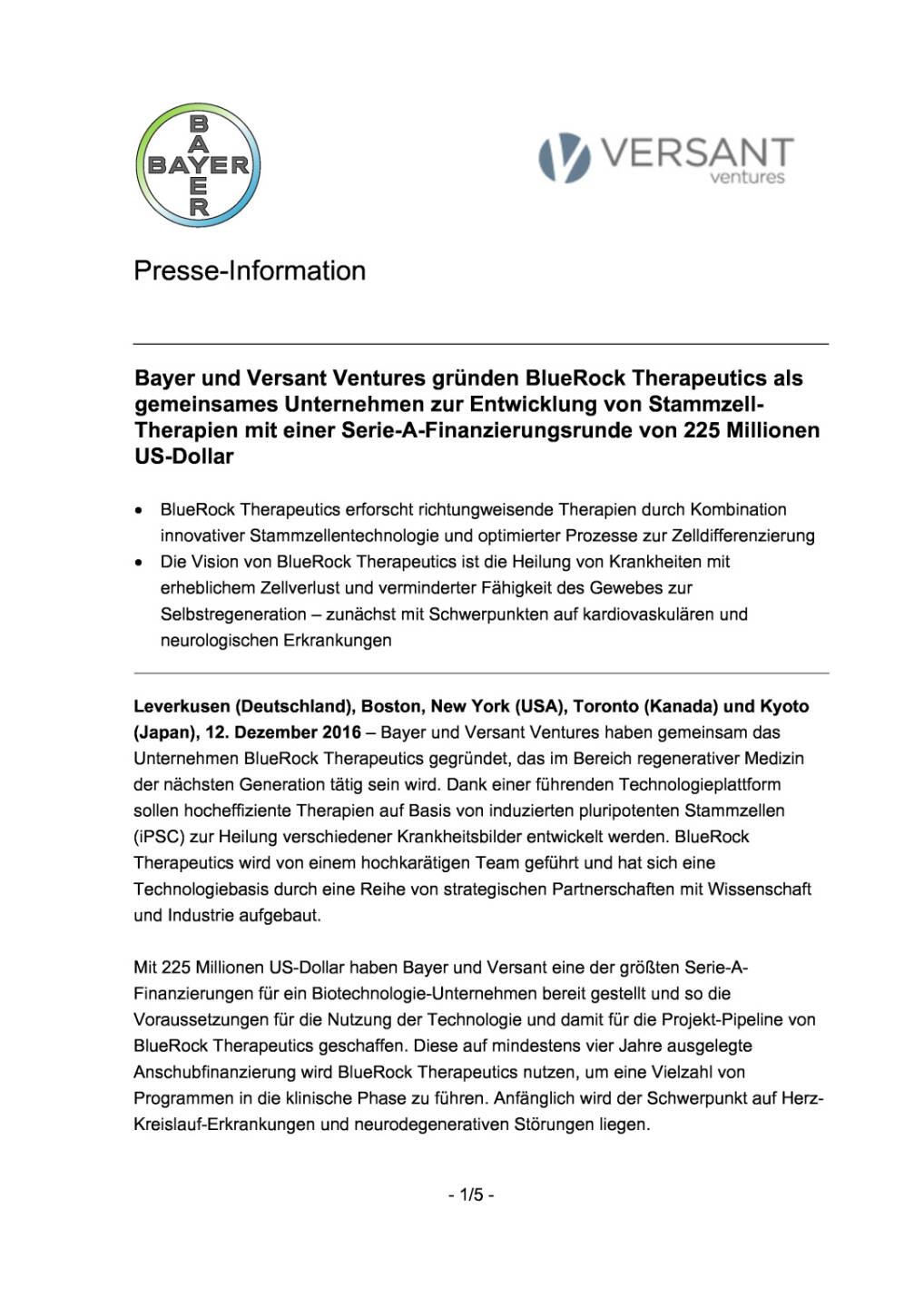 Bayer und Versant Ventures gründen Unternehmen, Seite 1/5, komplettes Dokument unter http://boerse-social.com/static/uploads/file_2013_bayer_und_versant_ventures_grunden_unternehmen.pdf