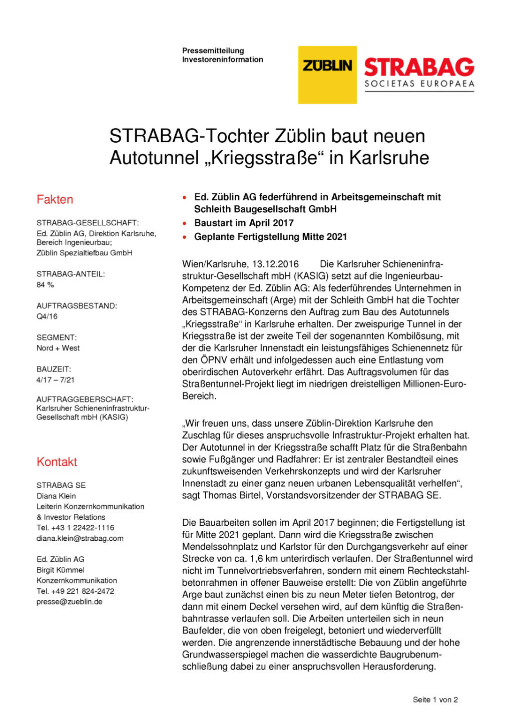 Strabag-Tochter Züblin baut neuen Autotunnel „Kriegsstraße“ in Karlsruhe , Seite 1/2, komplettes Dokument unter http://boerse-social.com/static/uploads/file_2014_strabag_karlsruhe.pdf
