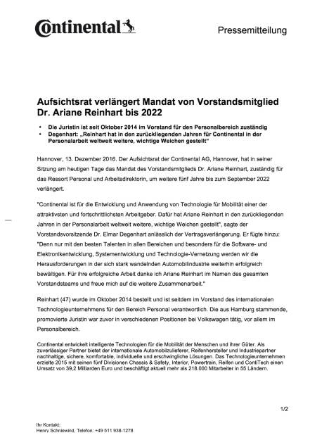 Continental: Mandat von Vorstandsmitglied Ariane Reinhart verlängert, Seite 1/2, komplettes Dokument unter http://boerse-social.com/static/uploads/file_2015_continental_mandat_von_vorstandsmitglied_ariane_reinhart_verlangert.pdf (13.12.2016) 