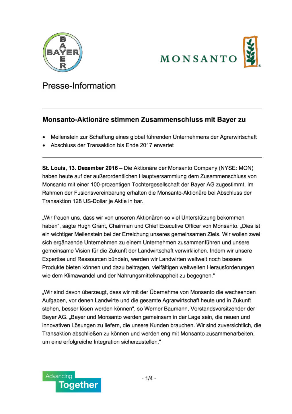 Monsanto-Aktionäre stimmen Zusammenschluss mit Bayer zu, Seite 1/4, komplettes Dokument unter http://boerse-social.com/static/uploads/file_2016_monsanto-aktionare_stimmen_zusammenschluss_mit_bayer_zu.pdf