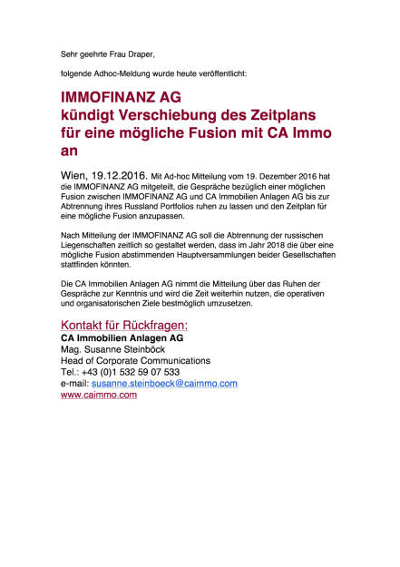 CA Immo: Immofinanz verschiebt Zeitplan für mögliche Fusion, Seite 1/1, komplettes Dokument unter http://boerse-social.com/static/uploads/file_2030_ca_immo_immofinanz_verschiebt_zeitplan_fur_mogliche_fusion.pdf (19.12.2016) 