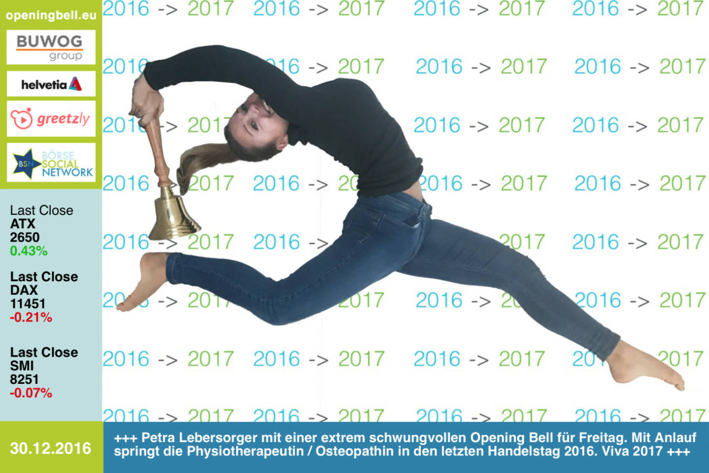 #openingbell am 30.12.: Petra Lebersorger mit einer extrem schwungvollen Opening Bell für Freitag. Mit Anlauf springt die Physiotherapeutin und Osteopathin in den letzten Handelstag 2016. Viva 2017. Ein Foto von ihr ist für den Sportschnappschuss des Jahres 2016 eingereicht. Siehe http://www.photaq.com/page/index/2910 http://www.physiotherapie-petra.at https://www.facebook.com/groups/Sportsblogged 