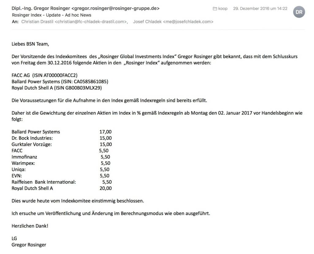 Indexevent Rosinger-Index 16: Aufnahme FACC, Ballard Power Systems und Royal Dutch Shell A per Schlusskurse 30.12.2016 (02.01.2017) 