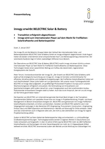 innogy erwirbt Belectric Solar & Battery, Seite 1/2, komplettes Dokument unter http://boerse-social.com/static/uploads/file_2044_innogy_erwirbt_belectric_solar_battery.pdf (03.01.2017) 