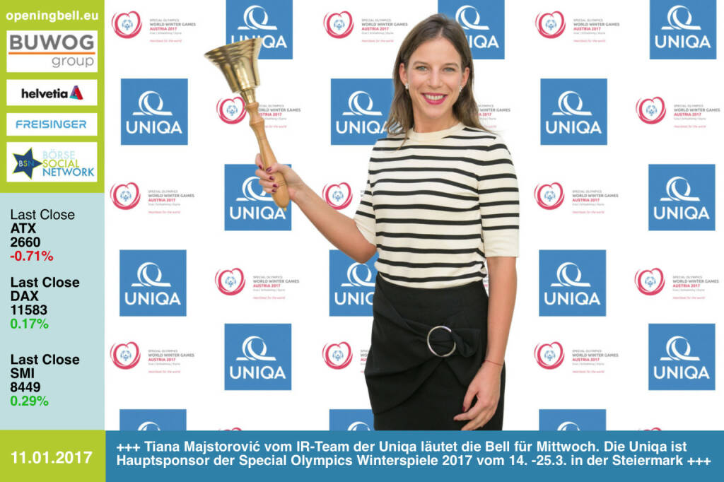 #openingbell am 11.1.: Tiana Majstorović vom IR-Team der Uniqa läutet die Bell für Mittwoch. Die Uniqa ist Hauptsponsor der Special Olympics Winterspiele 2017 vom 14. -25.3. in der Steiermark http://www.uniqa.at http://www.specialolympics.at/sowwg-2017.html https://www.facebook.com/groups/GeldanlageNetwork/ https://www.facebook.com/groups/Sportsblogged  (11.01.2017) 