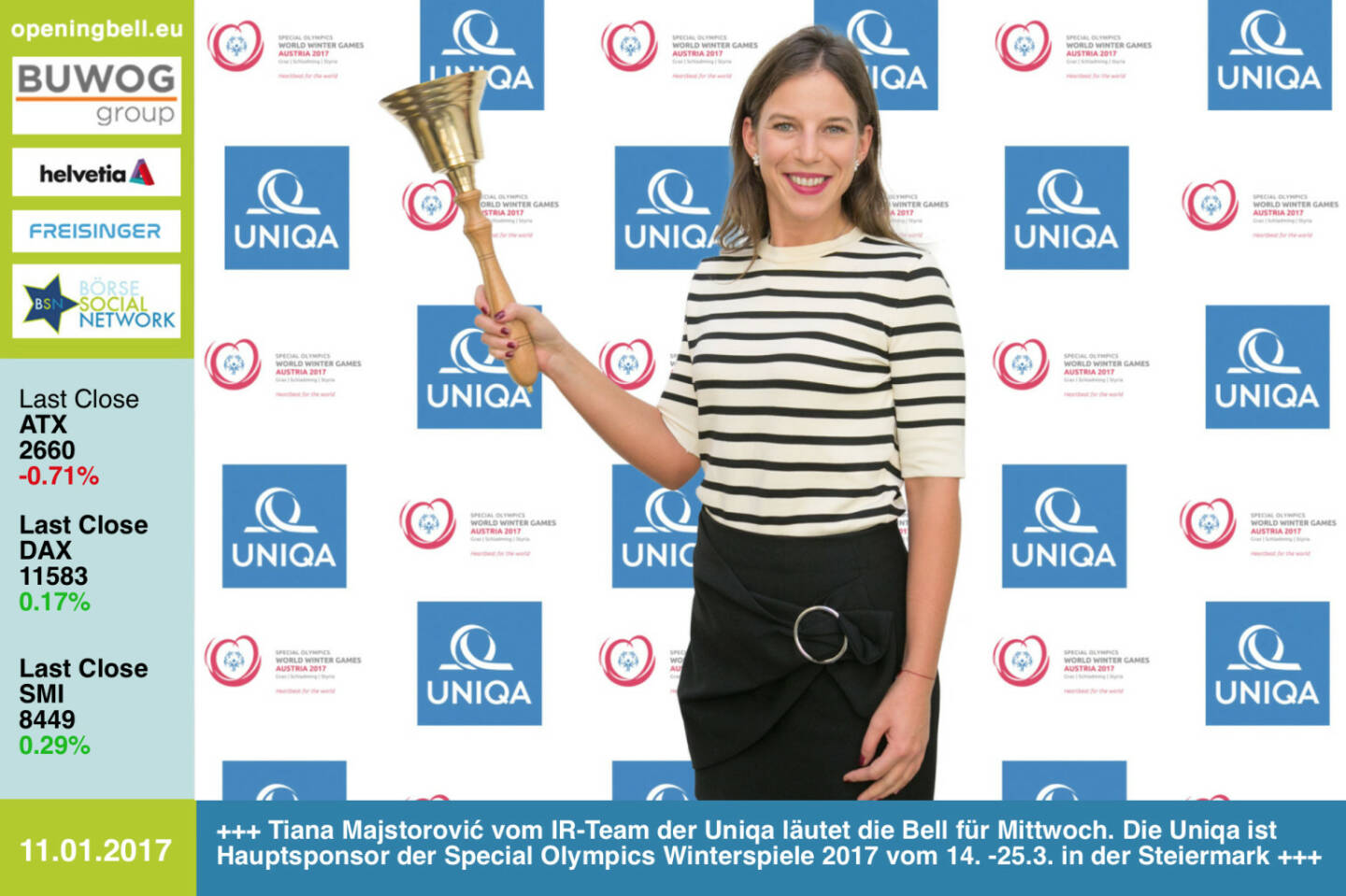 #openingbell am 11.1.: Tiana Majstorović vom IR-Team der Uniqa läutet die Bell für Mittwoch. Die Uniqa ist Hauptsponsor der Special Olympics Winterspiele 2017 vom 14. -25.3. in der Steiermark http://www.uniqa.at http://www.specialolympics.at/sowwg-2017.html https://www.facebook.com/groups/GeldanlageNetwork/ https://www.facebook.com/groups/Sportsblogged 