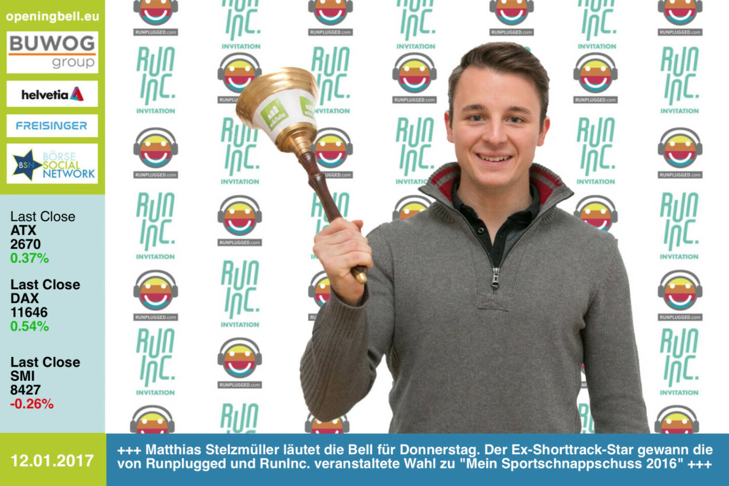 #openingbell am 12.1.: Matthias Stelzmüller läutet die Opening Bell für Donnerstag. Der Ex-Shorttrack-Star gewann die von Runplugged und RunInc. veranstaltete Wahl zu Mein Sportschnappschuss 2016, siehe alle Nominierten und die Sieger unter http://photaq.com/page/index/2910 https://www.facebook.com/groups/Sportsblogged http://www.runplugged.com http://www.runinc.at http://dailysports.at