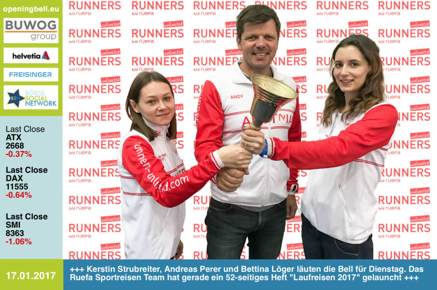 #openingbell am 17.1.:  Kerstin Strubreiter, Andreas Perer und Bettina Löger läuten die Bell für Dienstag. Das Ruefa Sportreisen Team hat gerade ein 52-seitiges Heft Laufreisen 2017 gelauncht  http://www.runners-unlimited.com https://www.facebook.com/groups/Sportsblogged 