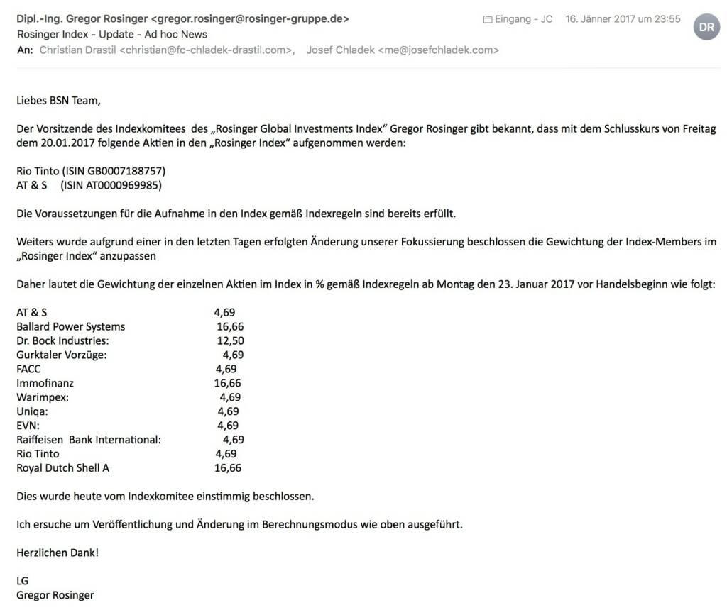 Indexevent Rosinger-Index 17: Aufnahme Rio Tinto und AT&S per Schlusskurse 20.1.2017 (21.01.2017) 