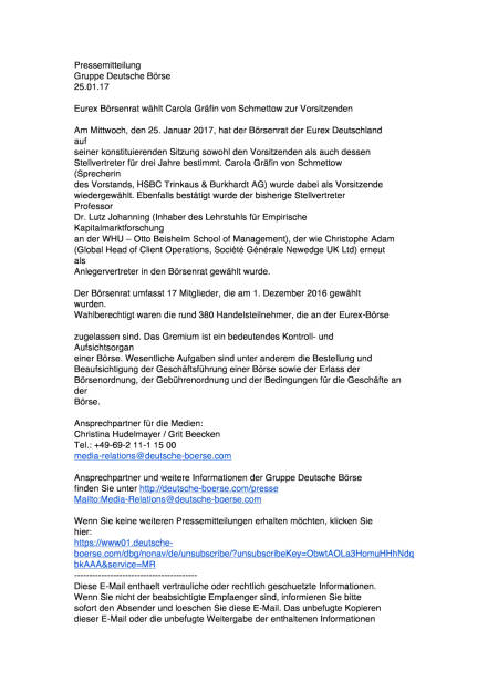 Eurex Börsenrat wählt Carola Gräfin von Schmettow zur Vorsitzenden, Seite 1/2, komplettes Dokument unter http://boerse-social.com/static/uploads/file_2075_eurex_borsenrat_wahlt_carola_grafin_von_schmettow_zur_vorsitzenden.pdf (25.01.2017) 