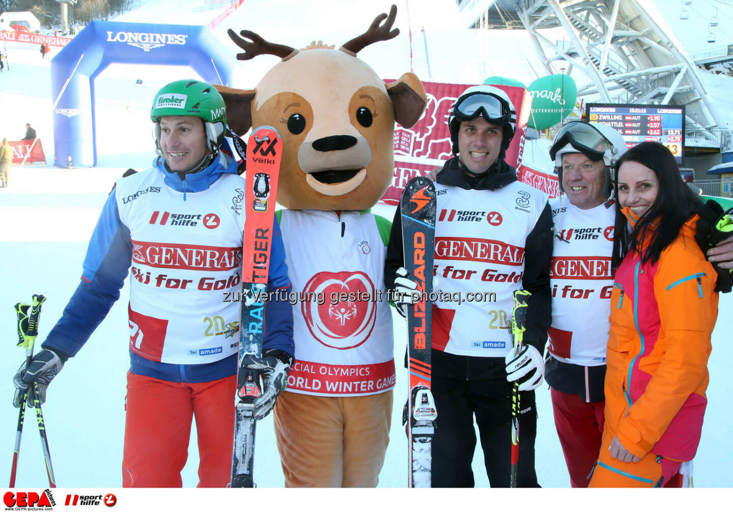 Ski for Gold Charity Race. Image shows Manfred Pranger, mascot Luis, Mario Matt, David Zwilling and Daniela Schuster. Keywords: Special Olympics World Winter Games, SOWWG Austria 2017 preview. Photo: GEPA pictures/ Harald Steiner