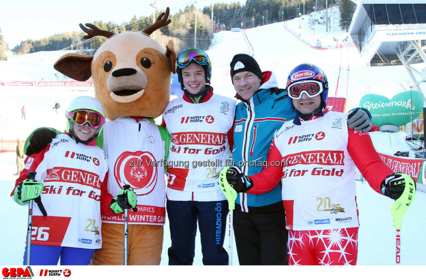 Ski for Gold Charity Race. Image shows Ricarda Huber, mascot Luis, Philipp Hansa, mayor Juergen Winter (Schladming) and Thomas Praxmarer. Keywords: Special Olympics World Winter Games, SOWWG Austria 2017 preview. Photo: GEPA pictures/ Harald Steiner