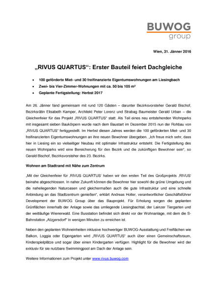 „RIVUS QUARTUS“: Erster Bauteil feiert Dachgleiche, Seite 1/2, komplettes Dokument unter http://boerse-social.com/static/uploads/file_2081_rivus_quartus_erster_bauteil_feiert_dachgleiche.pdf (31.01.2017) 