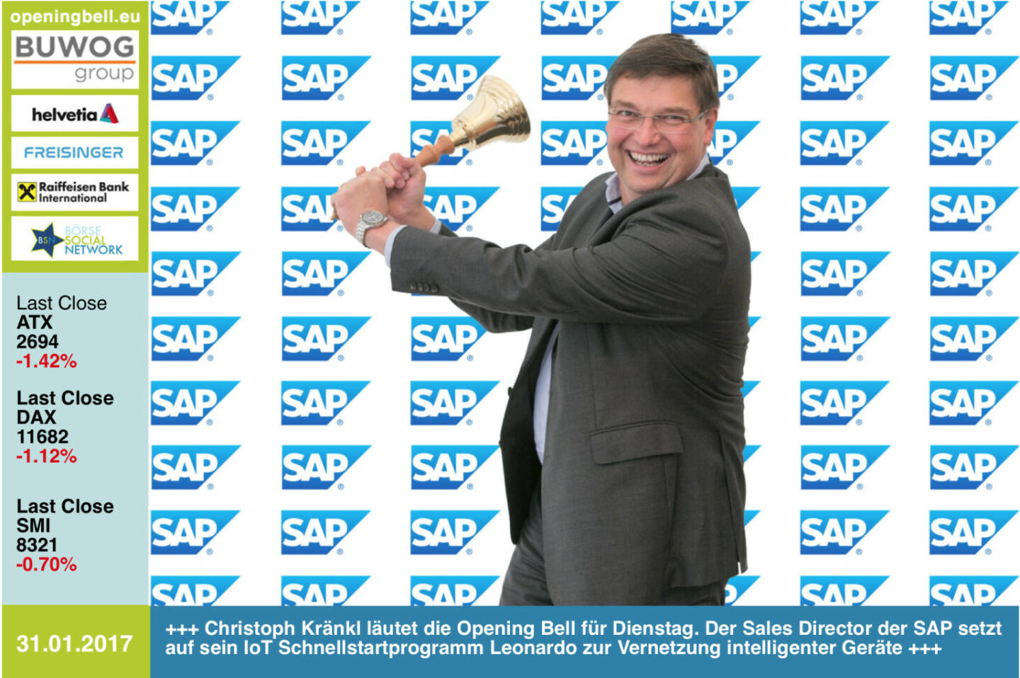 #openingbell am 31.1.: Christoph Kränkl läutet die Opening Bell für Dienstag. Der Sales Director der SAP setzt auf sein IoT Schnellstartprogramm Leonardo zur Vernetzung intelligenter Geräte http://www.sap.com/ https://www.facebook.com/groups/GeldanlageNetwork/