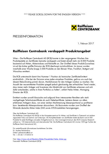 Raiffeisen Centrobank verdoppelt Produktangebot, Seite 1/2, komplettes Dokument unter http://boerse-social.com/static/uploads/file_2088_raiffeisen_centrobank_verdoppelt_produktangebot.pdf (01.02.2017) 