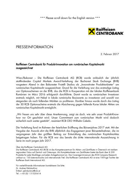 Raiffeisen Centrobank für Produkt-Innovation am rumänischen Kapitalmarkt ausgezeichnet, Seite 1/2, komplettes Dokument unter http://boerse-social.com/static/uploads/file_2091_raiffeisen_centrobank_fur_produkt-innovation_am_rumanischen_kapitalmarkt_ausgezeichnet.pdf (02.02.2017) 