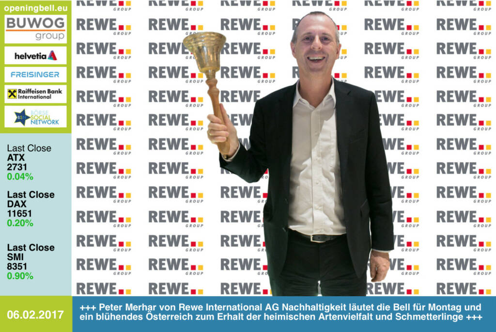 #openingbell am 6.2.: Peter Merhar von Rewe International AG Nachhaltigkeit läutet die Opening Bell für Montag und ein blühendes Österreich zum Erhalt der heimischen Artenvielfalt und  Schmetterlinge  https://www.bluehendesoesterreich.at/ https://www.facebook.com/groups/GeldanlageNetwork/ (06.02.2017) 