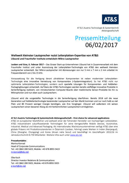  Weltweit kleinster Lautsprecher nutzt Leiterplatten-Expertise von AT&S, Seite 1/2, komplettes Dokument unter http://boerse-social.com/static/uploads/file_2097__weltweit_kleinster_lautsprecher_nutzt_leiterplatten-expertise_von_ats.pdf (06.02.2017) 