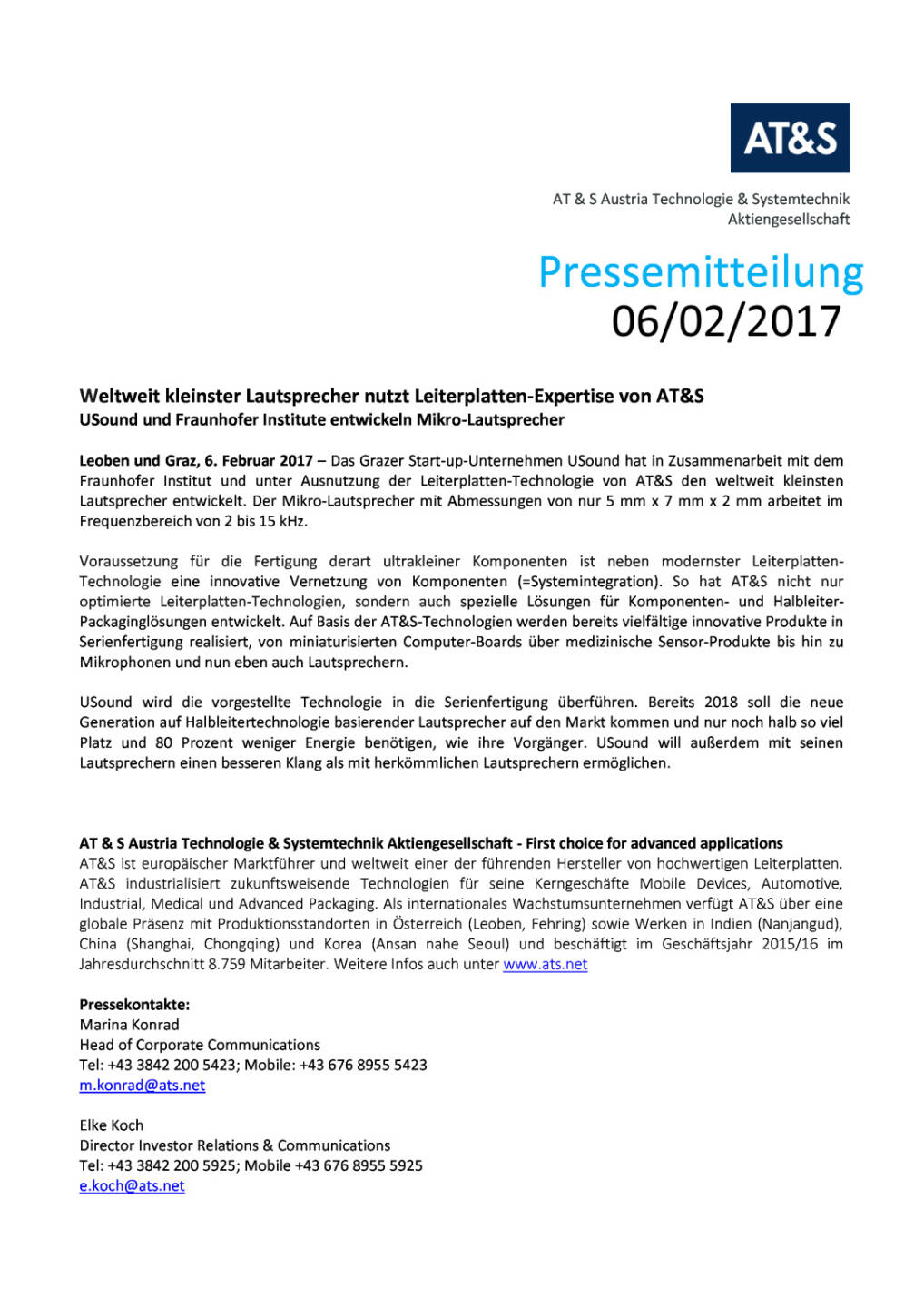  Weltweit kleinster Lautsprecher nutzt Leiterplatten-Expertise von AT&S, Seite 1/2, komplettes Dokument unter http://boerse-social.com/static/uploads/file_2097__weltweit_kleinster_lautsprecher_nutzt_leiterplatten-expertise_von_ats.pdf