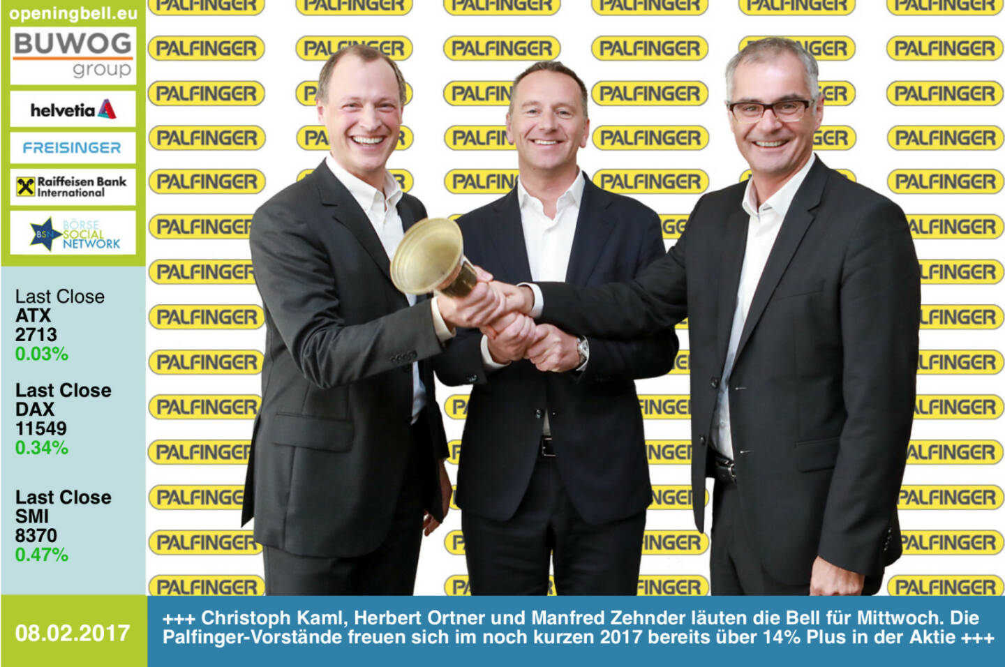 #openingbell am 8.2.: Christoph Kaml, Herbert Ortner und Manfred Zehnder läuten die Opening Bell für Mittwoch. Die Palfinger-Vorstände lieferten gestern Rekordzahlen und freuen sich im noch kurzen 2017 bereits über 14% Plus in der Aktie http://www.palfinger.com https://www.facebook.com/groups/GeldanlageNetwork/