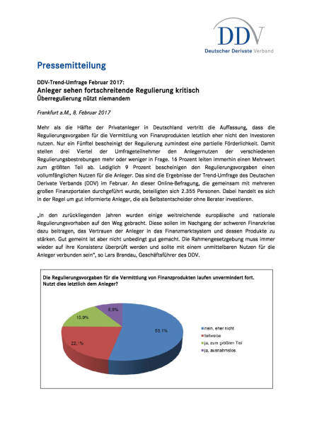 DDV-Trend-Umfrage Februar 2017: Anleger sehen fortschreitende Regulierung kritisch, Seite 1/2, komplettes Dokument unter http://boerse-social.com/static/uploads/file_2098_anleger_sehen_fortschreitende_regulierung_kritisch.pdf (08.02.2017) 