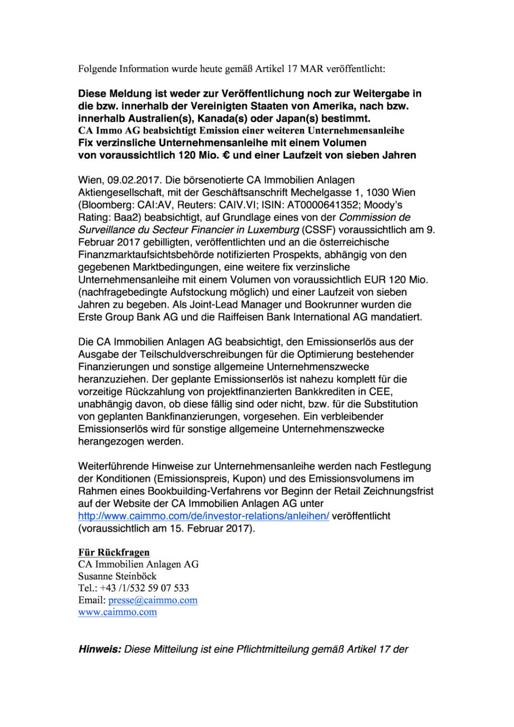 CA Immo AG beabsichtigt Emission einer weiteren Unternehmensanleihe , Seite 1/2, komplettes Dokument unter http://boerse-social.com/static/uploads/file_2105_ca_immo_ag_beabsichtigt_emission_einer_weiteren_unternehmensanleihe.pdf