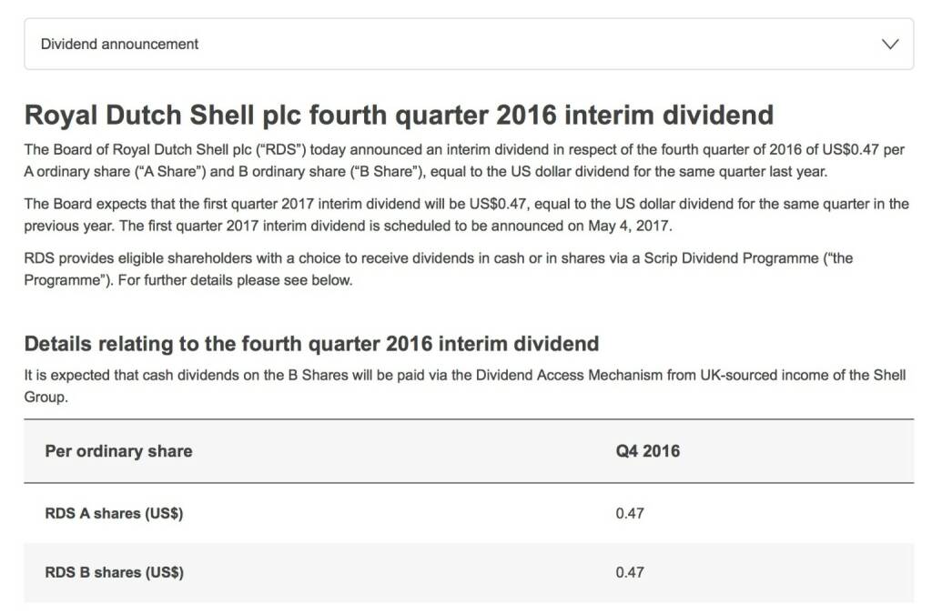 Indexevent Rosinger-Index 18: Royal Dutch Shell A-Dividende
16.2.
Dividende 0,47 USD (0,44 EUR)
-> Erhöhung Stückzahl um 1,71 Prozent (16.02.2017) 