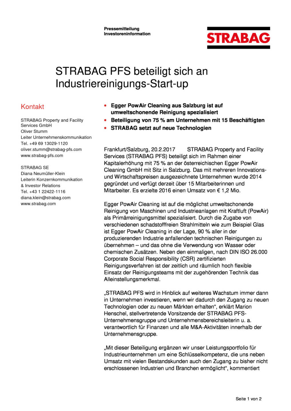 Strabag PFS beteiligt sich an Industriereinigungs-Start-up, Seite 1/2, komplettes Dokument unter http://boerse-social.com/static/uploads/file_2118_strabag_pfs_beteiligt_sich_an_industriereinigungs-start-up.pdf