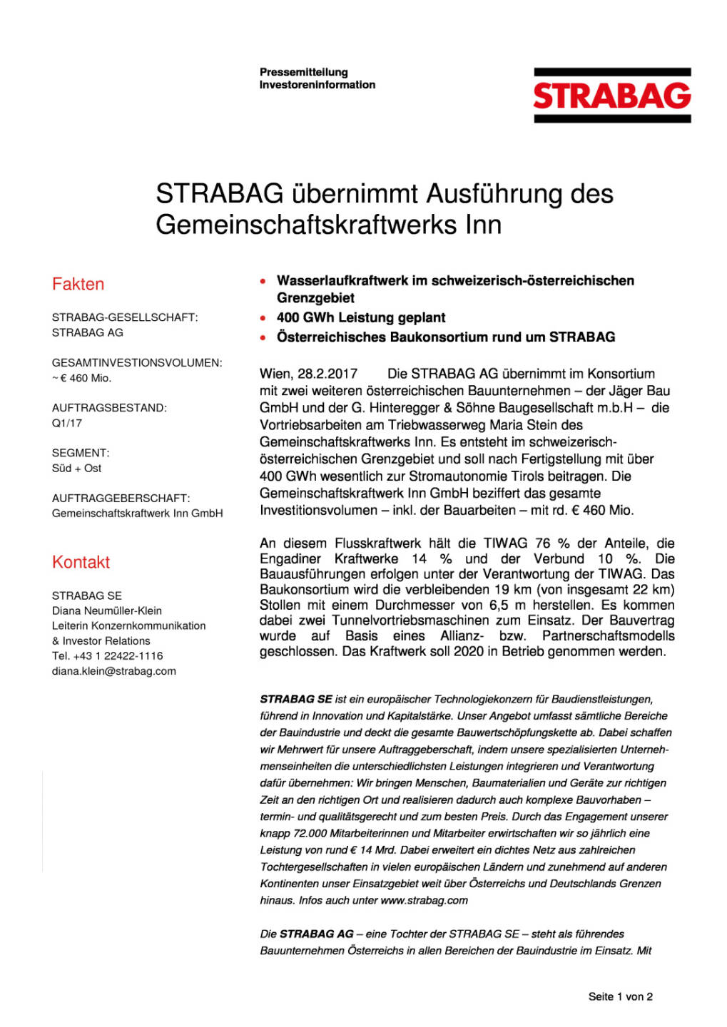 Strabag übernimmt Ausführung des Gemeinschaftskraftwerks Inn, Seite 1/2, komplettes Dokument unter http://boerse-social.com/static/uploads/file_2132_strabag_ubernimmt_ausfuhrung_des_gemeinschaftskraftwerks_inn.pdf