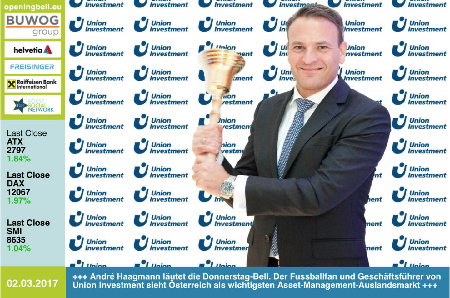 #openingbell am 2.3.: André Haagmann läutet die Opening Bell für Donnerstag. Für den Geschäftsführer von Union Investment und Fussballfan ist Österreich der wichtigste Auslandsmarkt im Asset Management https://www.union-investment.at https://www.facebook.com/groups/GeldanlageNetwork/