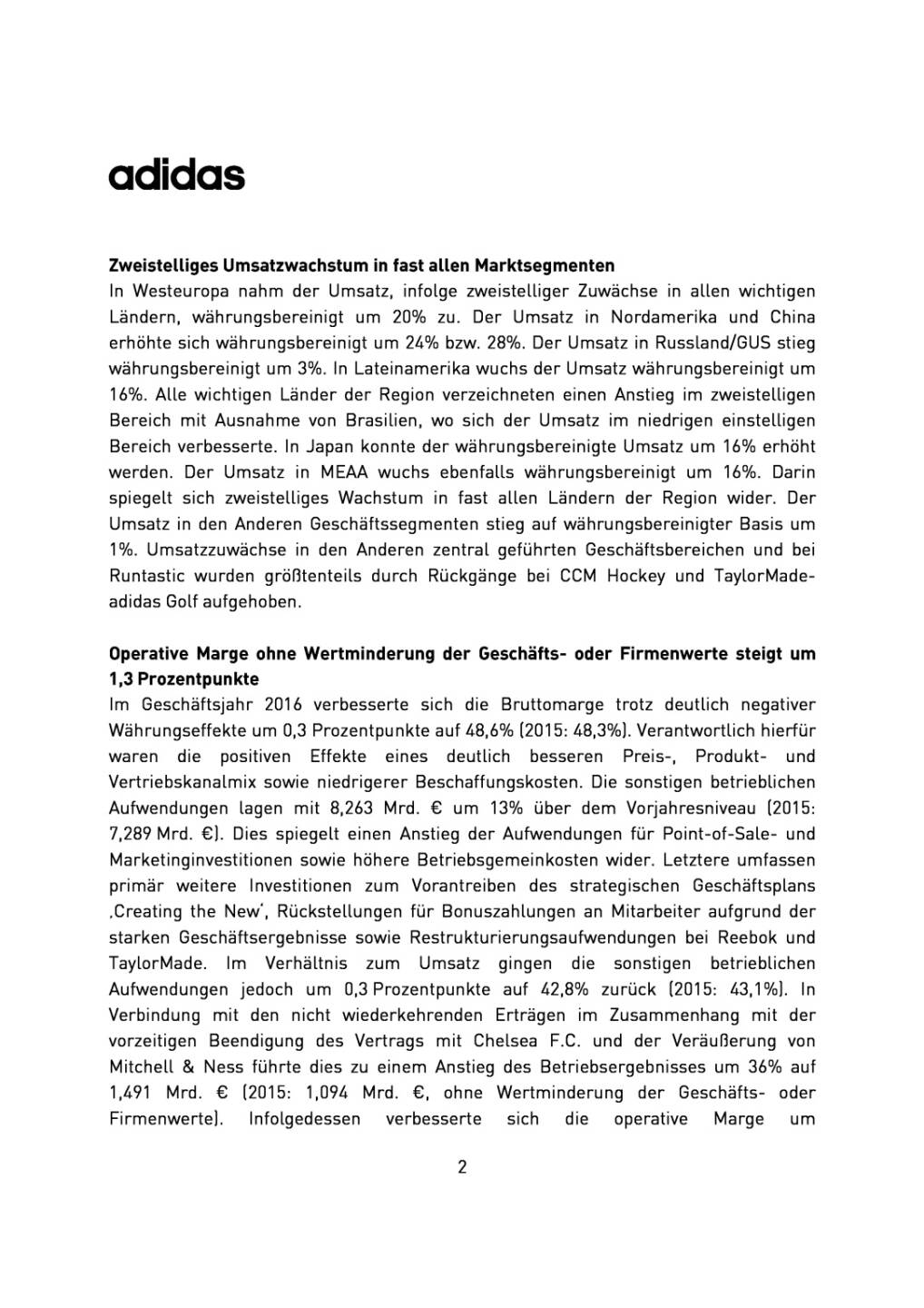 adidas: Finanzergebnisse 2016, Seite 2/9, komplettes Dokument unter http://boerse-social.com/static/uploads/file_2144_adidas_finanzergebnisse_2016.pdf