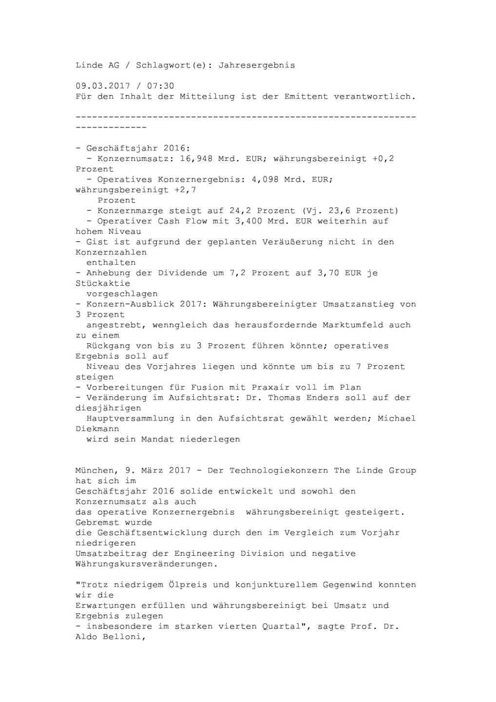 Linde: Jahresergebnis 2016, Seite 1/17, komplettes Dokument unter http://boerse-social.com/static/uploads/file_2152_linde_jahresergebnis_2016.pdf