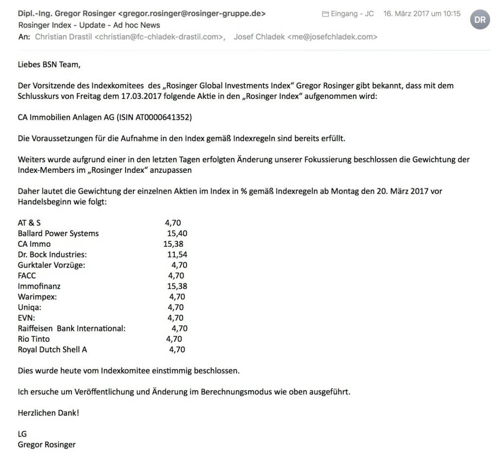 Indexevent Rosinger-Index 20: Aufnahme CA Immo per Schlusskurse 17.3.2017 (19.03.2017) 