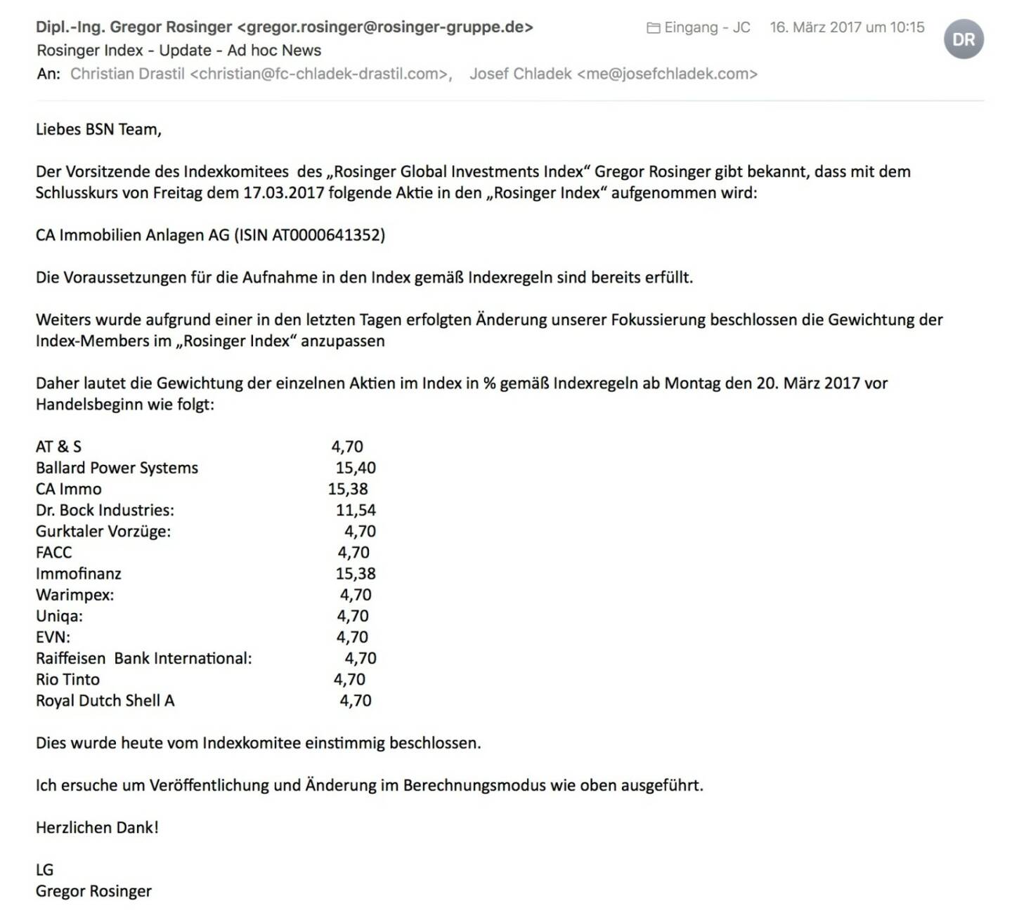 Indexevent Rosinger-Index 20: Aufnahme CA Immo per Schlusskurse 17.3.2017