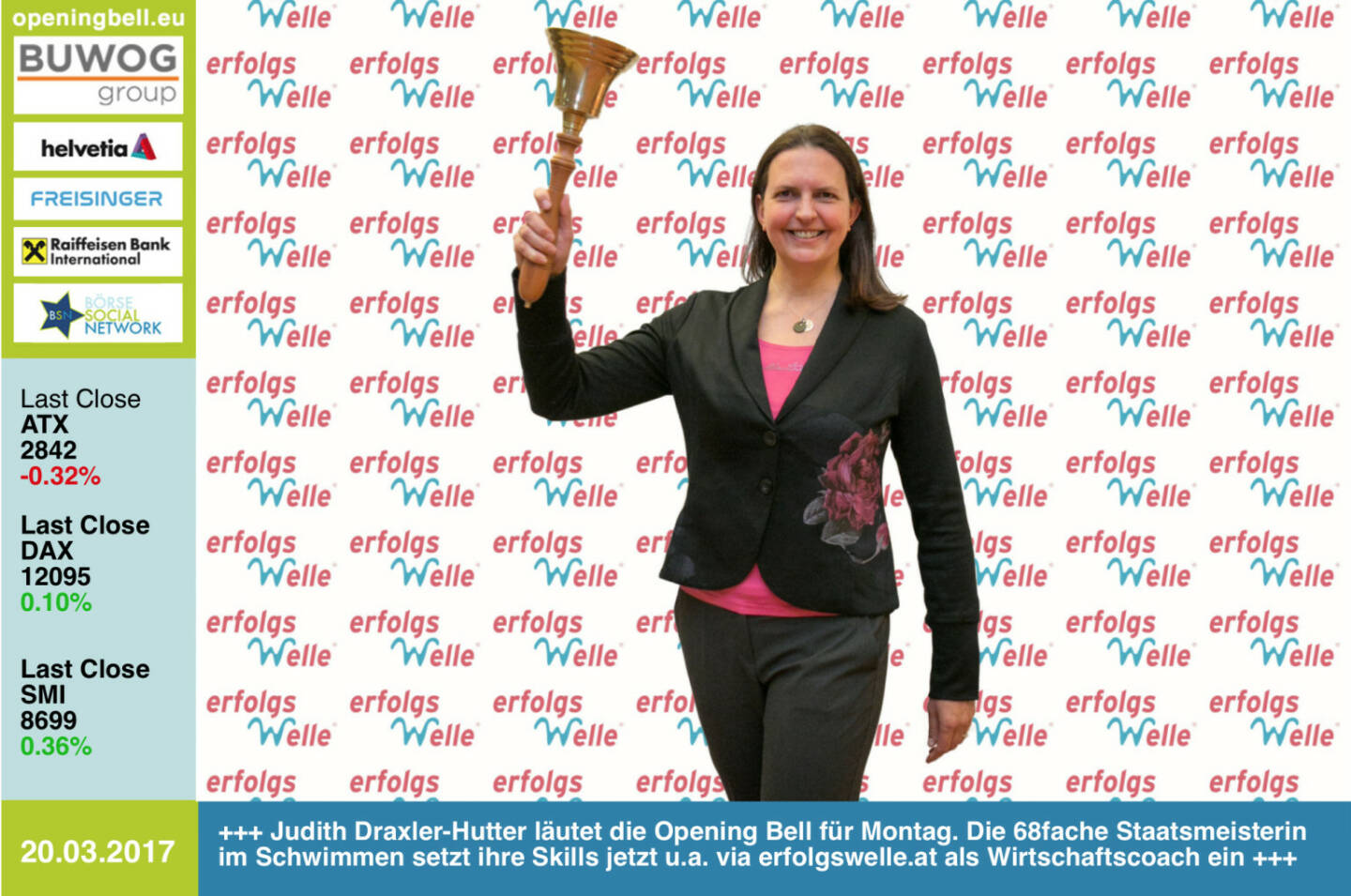 #openingbell am 20.3.: Judith Draxler-Hutter läutet die Opening Bell für Montag. Die 68fache Staatsmeisterin im Schwimmen setzt ihre Skills jetzt u.a. via erfolgswelle.at als Wirtschaftscoach ein http://www.erfolgswelle.at https://www.facebook.com/groups/GeldanlageNetwork/ https://www.facebook.com/groups/Sportsblogged