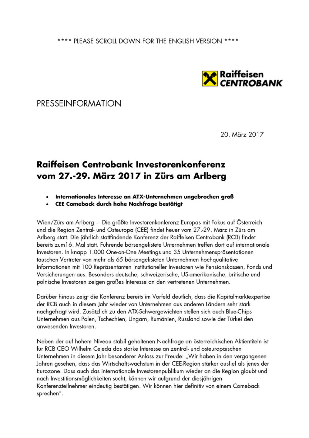 Raiffeisen Centrobank Investorenkonferenz vom 27.-29. März 2017 in Zürs am Arlberg, Seite 1/3, komplettes Dokument unter http://boerse-social.com/static/uploads/file_2168_raiffeisen_centrobank_investorenkonferenz_vom_27-29_marz_2017_in_zurs_am_arlberg.pdf