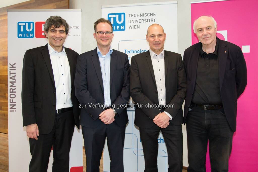 Michal Dunaj (EU Labs Programe Director, T-Labs), Björn Hohmann (Leiter Govern. & Funding, T-Labs), Rüdiger Köster (CTO T-Mobile), Hannes Werthner (Dekan der Fakultät für Informatik, TU Wien) - T-Mobile: Neue Stiftungsprofessur „Data Intelligence“ an der TU Wien (Fotocredit: TU Wien und T-Mobile/APA-Fotoservice/Rastegar), © Aussender (23.03.2017) 