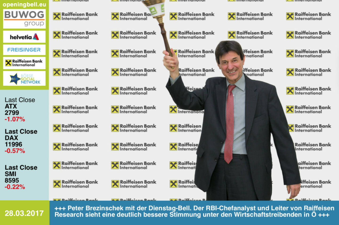 #openingbell am 28.3.; Peter Brezinschek mit der Opening Bell für Dienstag. Der RBI-Chefanalyst und Leiter von Raiffeisen Research attestiert akuell eine deutlich bessere Stimmung unter den Wirtschaftstreibenden in Österreich http://rbinternational.com https://www.facebook.com/groups/GeldanlageNetwork/