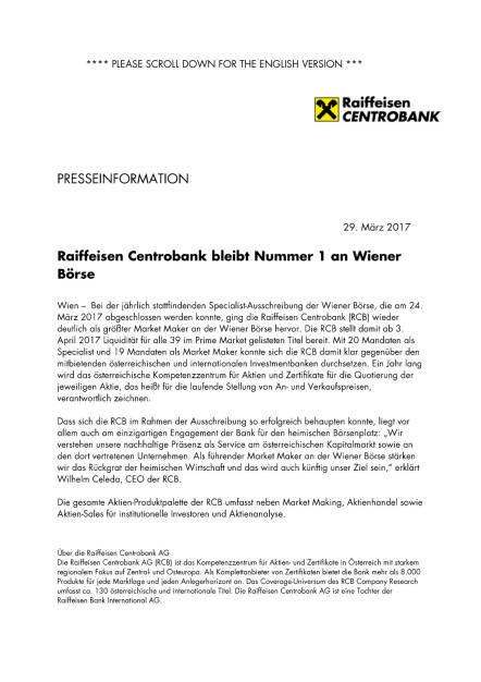 Raiffeisen Centrobank bleibt Nummer 1 an Wiener Börse, Seite 1/2, komplettes Dokument unter http://boerse-social.com/static/uploads/file_2184_raiffeisen_centrobank_bleibt_nummer_1_an_wiener_borse.pdf (29.03.2017) 