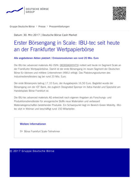 Erster Börsengang in Scale: IBU-tec seit heute an der Frankfurter Wertpapierbörse, Seite 1/1, komplettes Dokument unter http://boerse-social.com/static/uploads/file_2188_erster_borsengang_in_scale_ibu-tec_seit_heute_an_der_frankfurter_wertpapierborse.pdf (30.03.2017) 