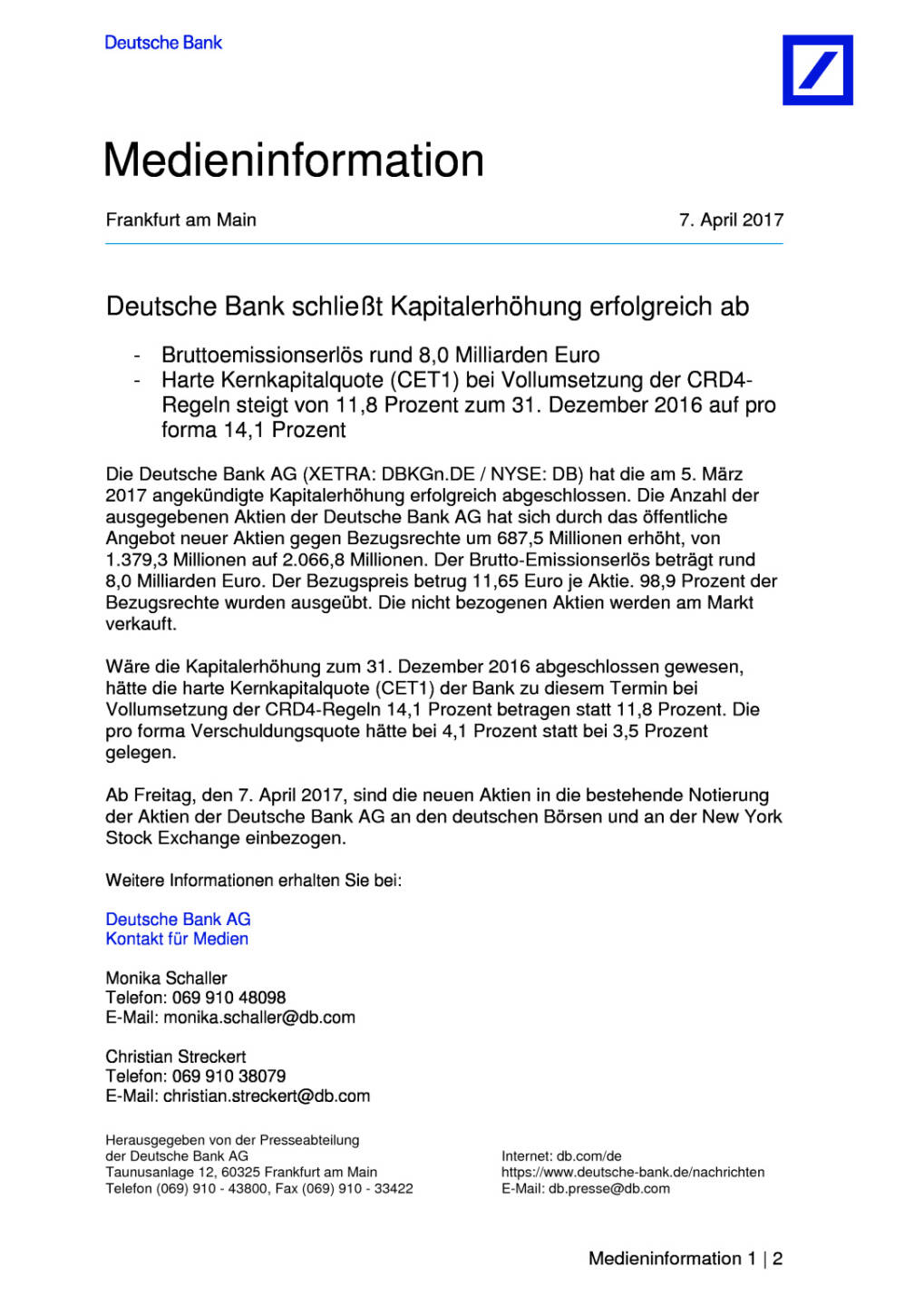 Deutsche Bank schließt Kapitalerhöhung erfolgreich ab, Seite 1/2, komplettes Dokument unter http://boerse-social.com/static/uploads/file_2200_deutsche_bank_schliesst_kapitalerhohung_erfolgreich_ab.pdf