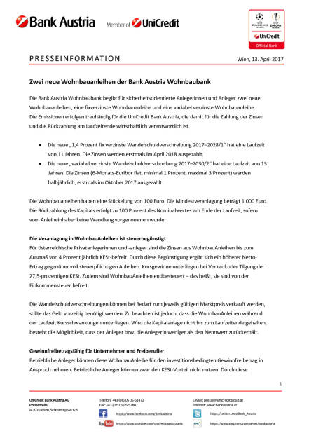 Zwei neue Wohnbauanleihen der Bank Austria Wohnbaubank, Seite 1/5, komplettes Dokument unter http://boerse-social.com/static/uploads/file_2209_zwei_neue_wohnbauanleihen_der_bank_austria_wohnbaubank.pdf (13.04.2017) 