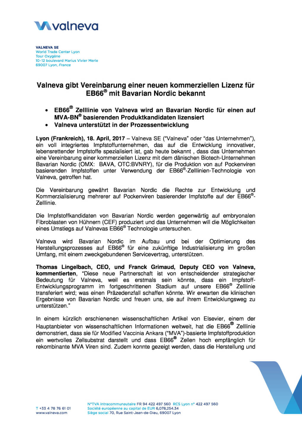 Valneva gibt Vereinbarung einer neuen kommerziellen Lizenz für EB66® mit Bavarian Nordic bekannt, Seite 1/4, komplettes Dokument unter http://boerse-social.com/static/uploads/file_2211_valneva_gibt_vereinbarung_einer_neuen_kommerziellen_lizenz_fur_eb66_bekannt.pdf