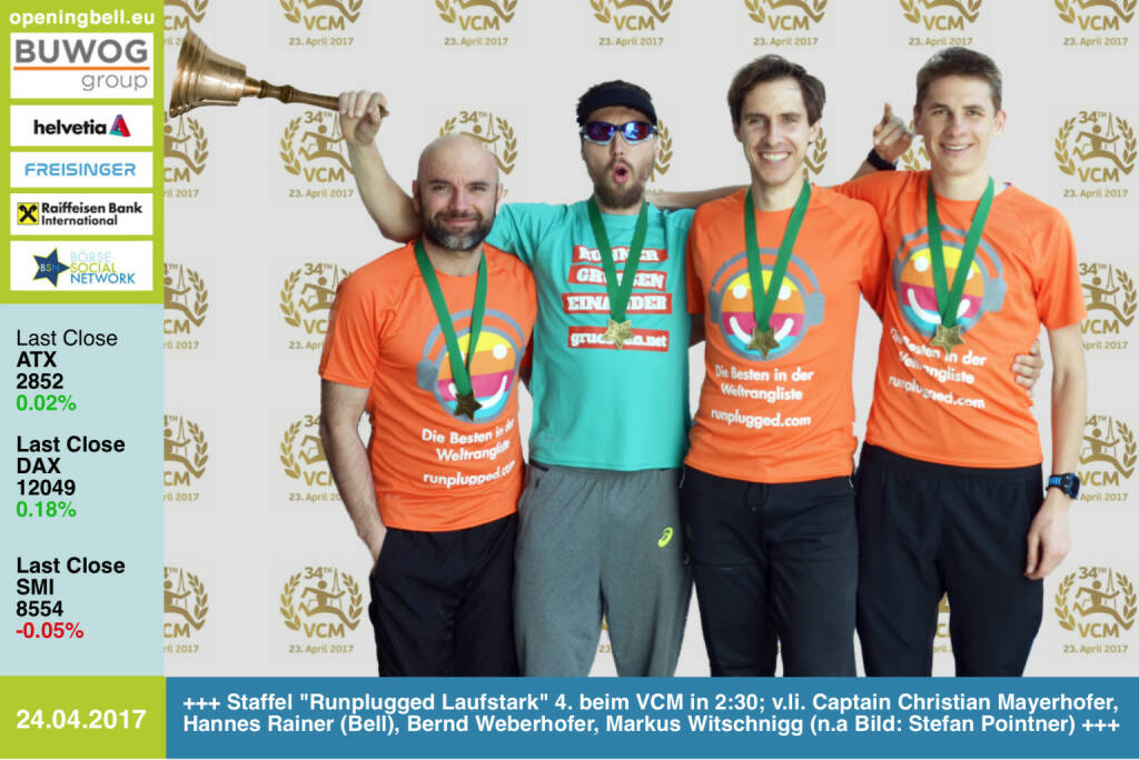 #openingbell am 24.4.: Unsere Staffel Runplugged Laufstark wurde gestern 4. beim VCM 2017 in 2:30 Stunden; v.li. Captain Christian Mayerhofer, Hannes Rainer (der mit der Bell), Bernd Weberhofer, Markus Witschnigg (nicht am Bild: Stefan Pointner). Herzliche Gratulation. http://www.runplugged.com/ https://www.xmarkets.db.com/DE/showpage.aspx?pageID=635 https://www.facebook.com/groups/GeldanlageNetwork/   (24.04.2017) 